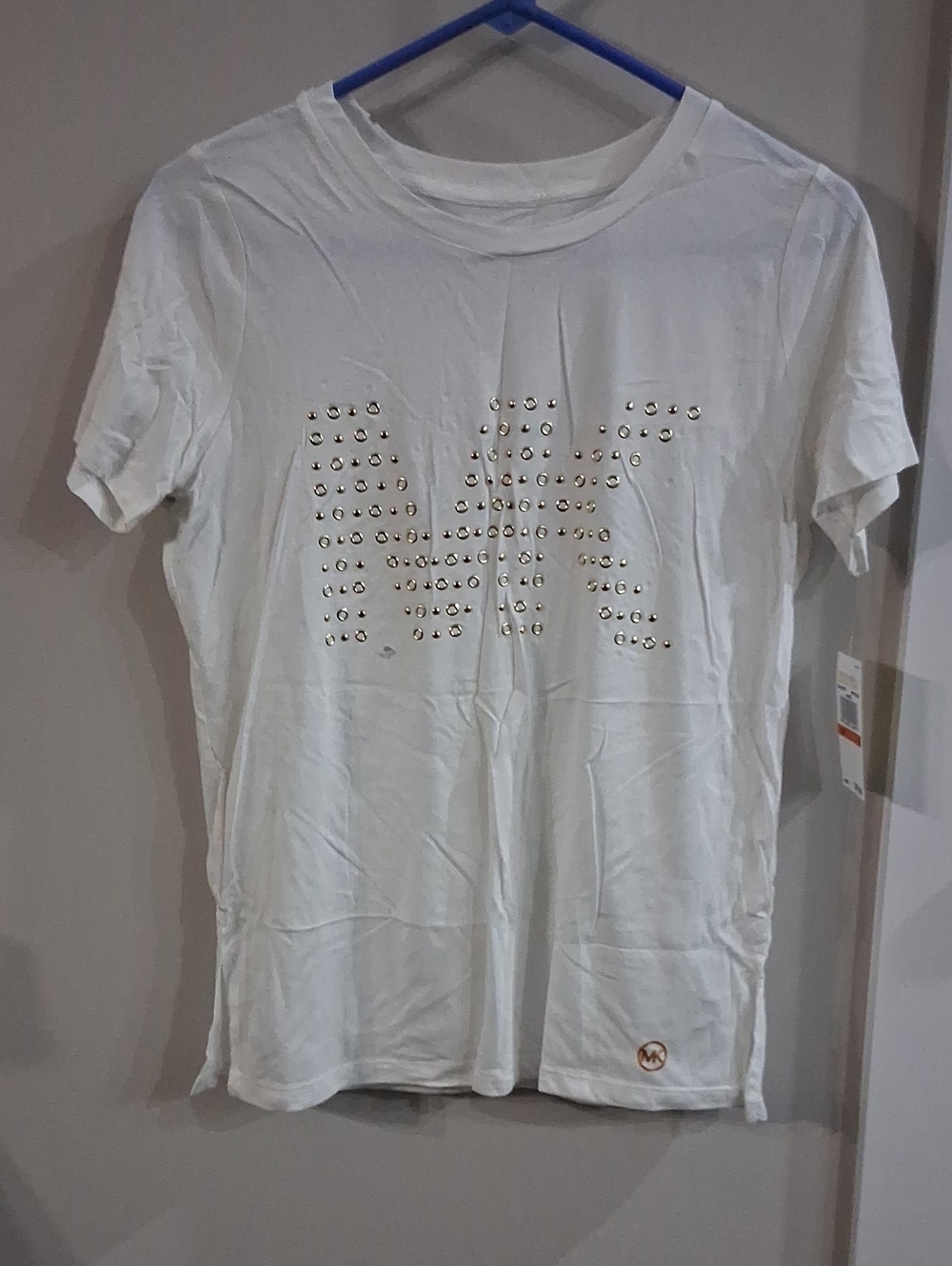 Michael Kors White Short Sleeve Tee with Gold Studded MK Logo